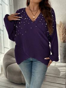 SHEIN Clasi Plus Size V-Neck Faux Pearl Decor Casual Pullover Sweater, Long Sleeve