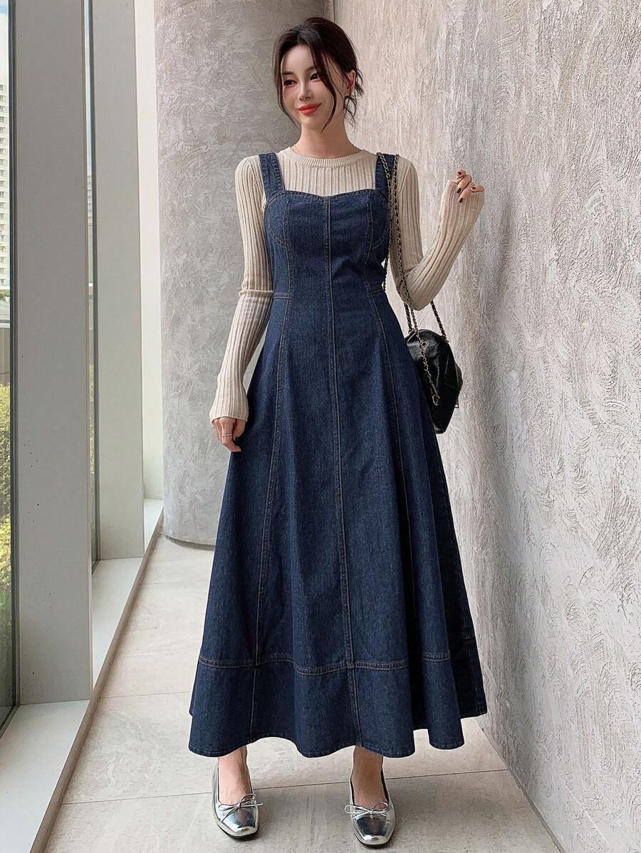 DAZY Einfaches quadratisches Ausschnitt-ärmelloses Denim Kleid für Frauen, Herbstkleidung, Schulkleidung