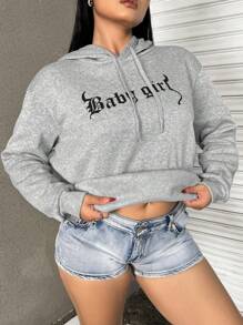 SHEIN EZwear Plus Size Women's Autumn Letter Print Long Sleeve Drawstring Hooded Casual Sweatshirt Graduation,Back To School Outfits,Graduation,Teacher Outfits For Women,Back To School