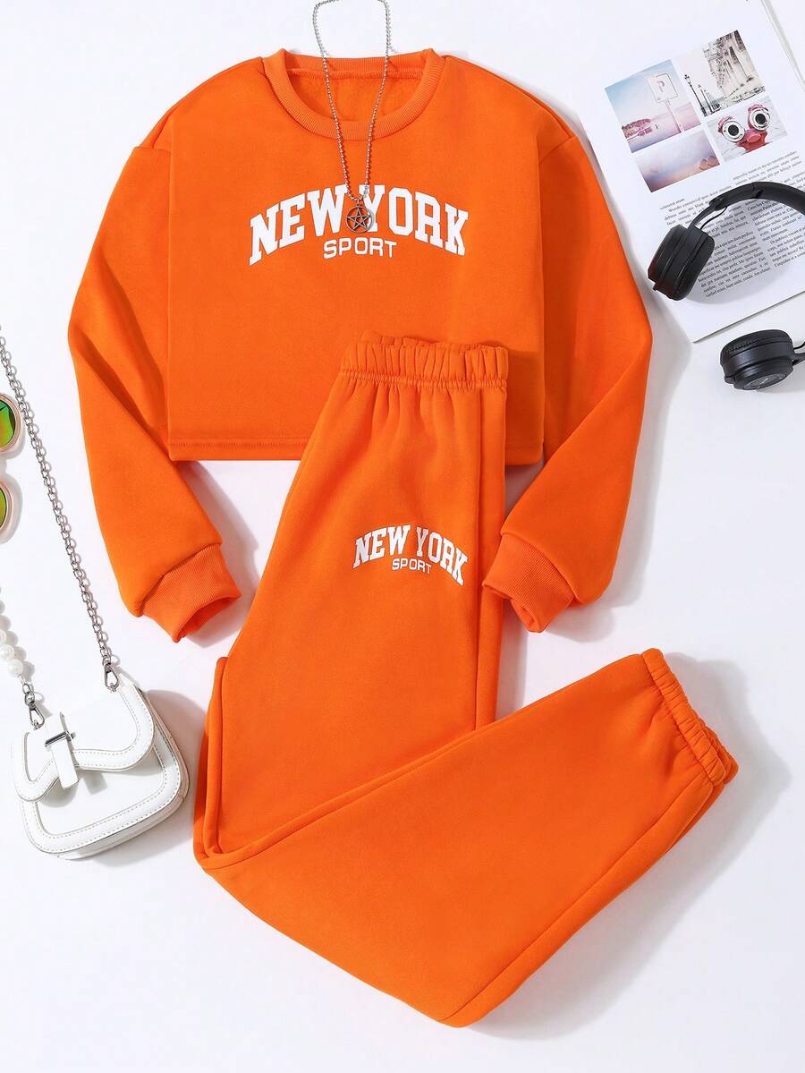 2pcs/Set Teenage Girls Casual Round Neck Sweatshirt & Sweatpants, Knitted - Orange - View 1