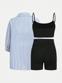 SHEIN Essnce 3pcs/Set Women Striped Drop Shoulder Long Sleeve Shirt, Solid Camisole Tank Top And Shorts Casual Outfit, Autumn