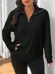 SHEIN Frenchy Casual Zip Front Rib Knit Plus Size T-Shirt - Black - View 1