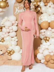 Loomaby Baby Shower Long Sleeve Dress Pregnant Women Elegant Solid Color Fishtail Fitted Maternity Long Sleeve Dress For Baby, Gender Reveal Party