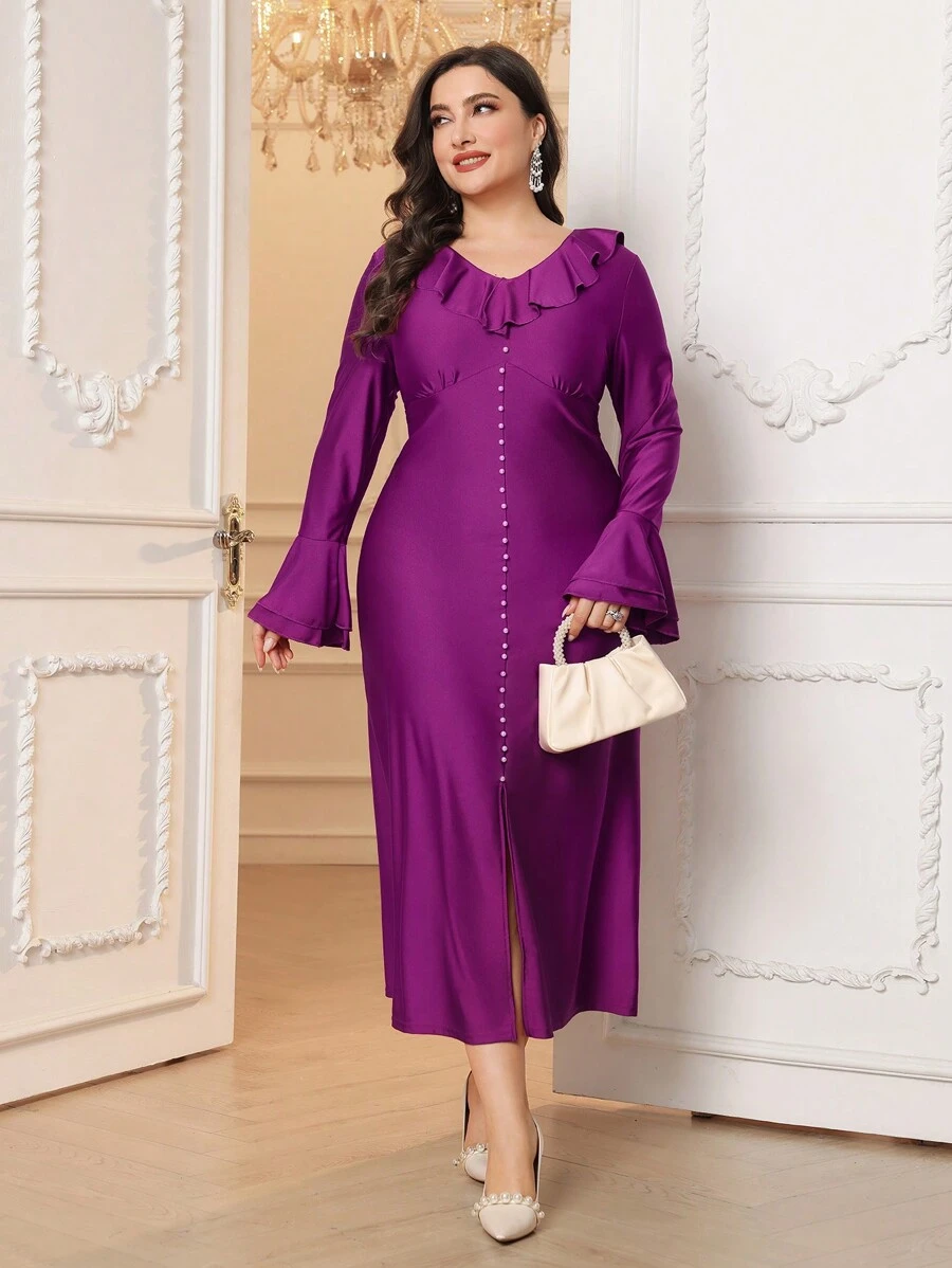 Modelyn Robe de soirée longue élégante à col rond brodée de perles en brocart grande taille