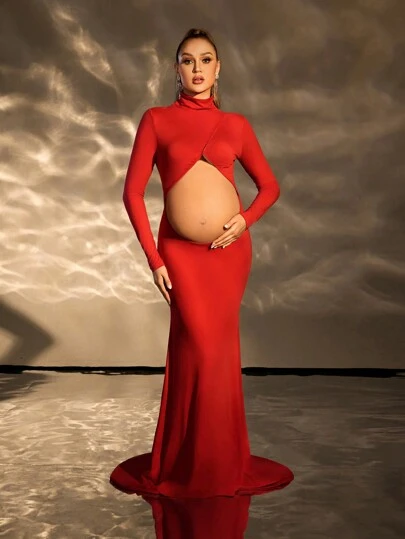 Cheriluna Maternity 孕妇纯色领长袖镂空简约休闲拍照上衣，适合拍照新年衣服