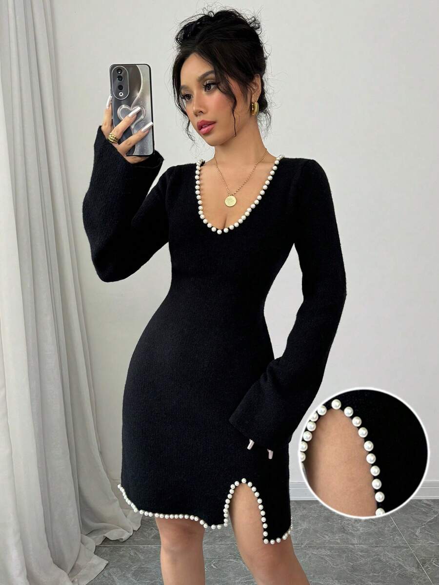 Elenzga 女士 V 领珍珠下摆开衩紧身毛衣连衣裙