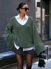SHEIN Casual oversized trui met diepe V-hals en dubbele uitlopende mouwen