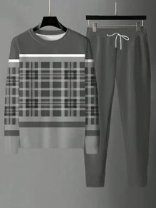 男士休闲格子长袖 T 恤和裤子套装，秋季舒适服装 - 灰色 - 查看 3