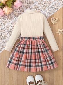 2 件套年轻女孩学院风服装，包括针织罗纹长袖上衣（有领子和蝴蝶结）和格子裙，秋冬 - 粉色 - 查看 2
