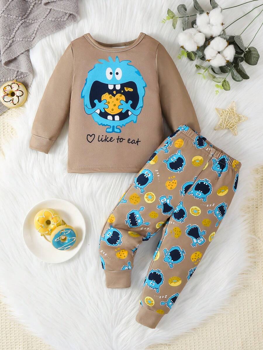 2 pièces/Set t-shirt à manches longues et legging assortis imprimés monstres pour bébé et tout-petit garçon, tenue de détente d'intérieur