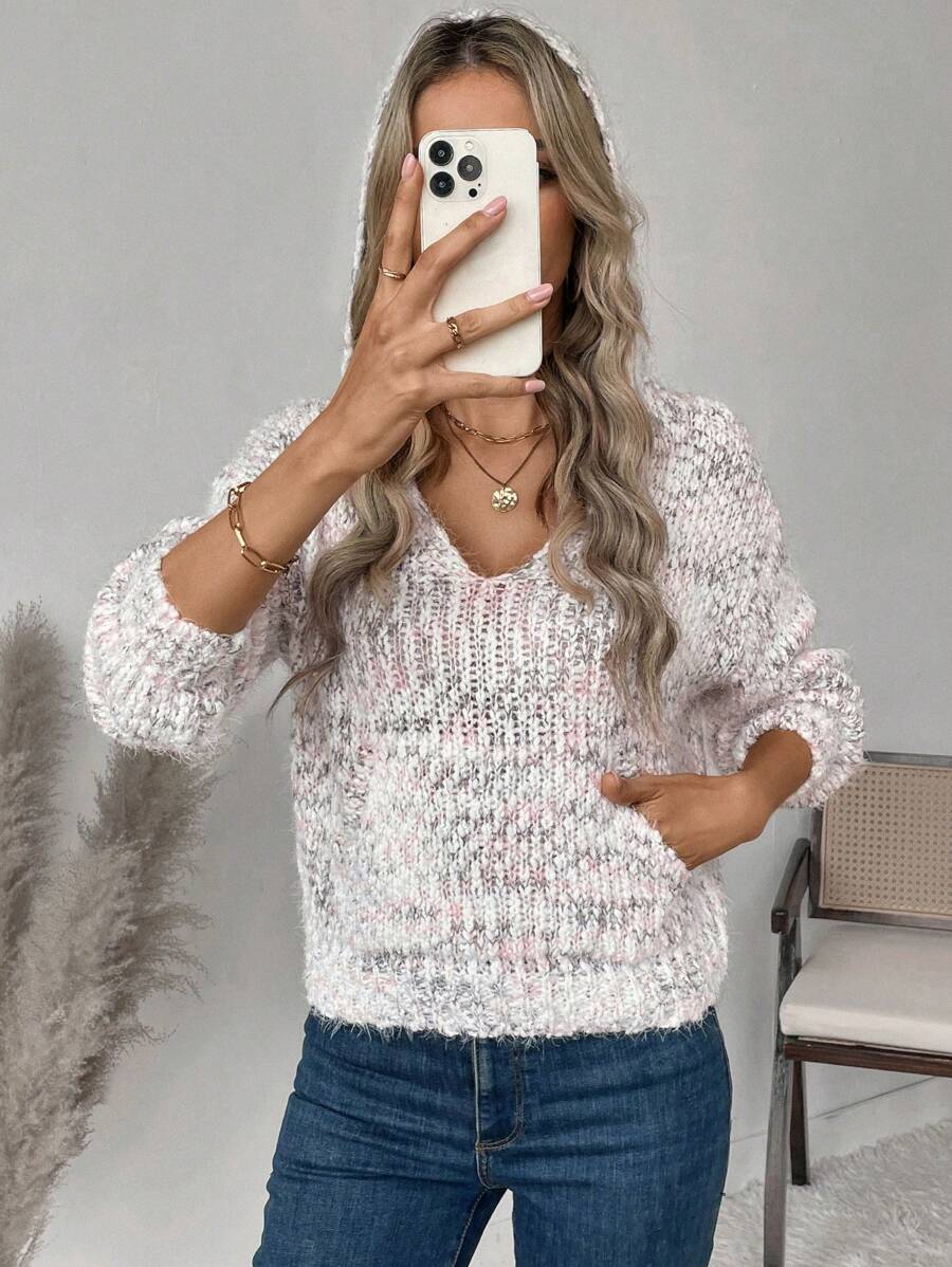 SHEIN LUNE Women V-Neck All Over Print Pocket Casual Long Sleeve Pullover Sweater Knit Pullover Fall Winter Outfit - Multicolor - View 1