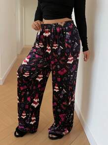 Flirla Plus Size Women Christmas Adorable Home Thickened Straight Leg Patterned Leggings, For Winter