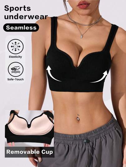 Dewbera 加大码纯色宽肩带简约休闲运动文胸，高支撑运动服，带缝制垫，不可拆卸垫，适合女性高支撑工字背心、锻炼、瑜伽、跑步