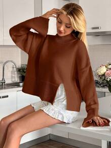 EURMUSE Women Solid Color Mock Neck Rib Knit Hem Sweater - Brown - View 7