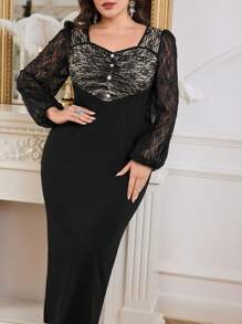 Modelyn Plus Size Solid Color Lace Patchwork Sweetheart Neck Elegant Long Sleeve Dress Long Evening Dresses - Black - View 2