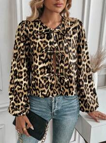 SHEIN Unity Leopard Print Tie Neck Button Up Long Sleeve Shirt - Multicolor - View 5