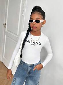 SHEIN Tween Girl Letter Graphic Cropped Crew Neck Long Sleeve Tight T-Shirt, Suitable For Spring, Autumn And Winter