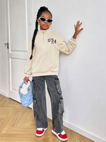 SHEIN Tween Girl 宽松休闲立领字母印花简约舒适长袖运动衫 - 杏色 - 查看 7