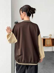 SHEIN Teen Girl Letter & Patchwork Print Casual Long Sleeve Jacket - Brown - View 2