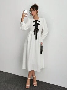 SHEIN Frenchy Robe élégante femme à manches lanternes avec liens de couleur contrastée, pour la saison d'automne