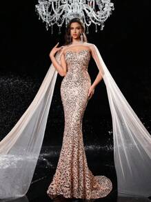 Glamrae Elegante vestido de cena de gala con cuello en V sin tirantes de cintura alta y silueta ajustada, con tul bordado en 3D con lentejuelas y pedrería desmontable tipo chal, en color champán, para invitada de boda, graduación o evento formal