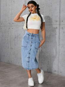 Women Casual Retro Washed Button A-Line Midi Skirt, Versatile Styling, Suitable For Valentine's Day, Youthful & Energetic - Blue - View 6