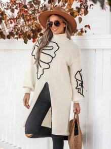 SHEIN VCAY 花卉印花高领落肩开衩大腿长度毛衣 - 白色 - 查看 6