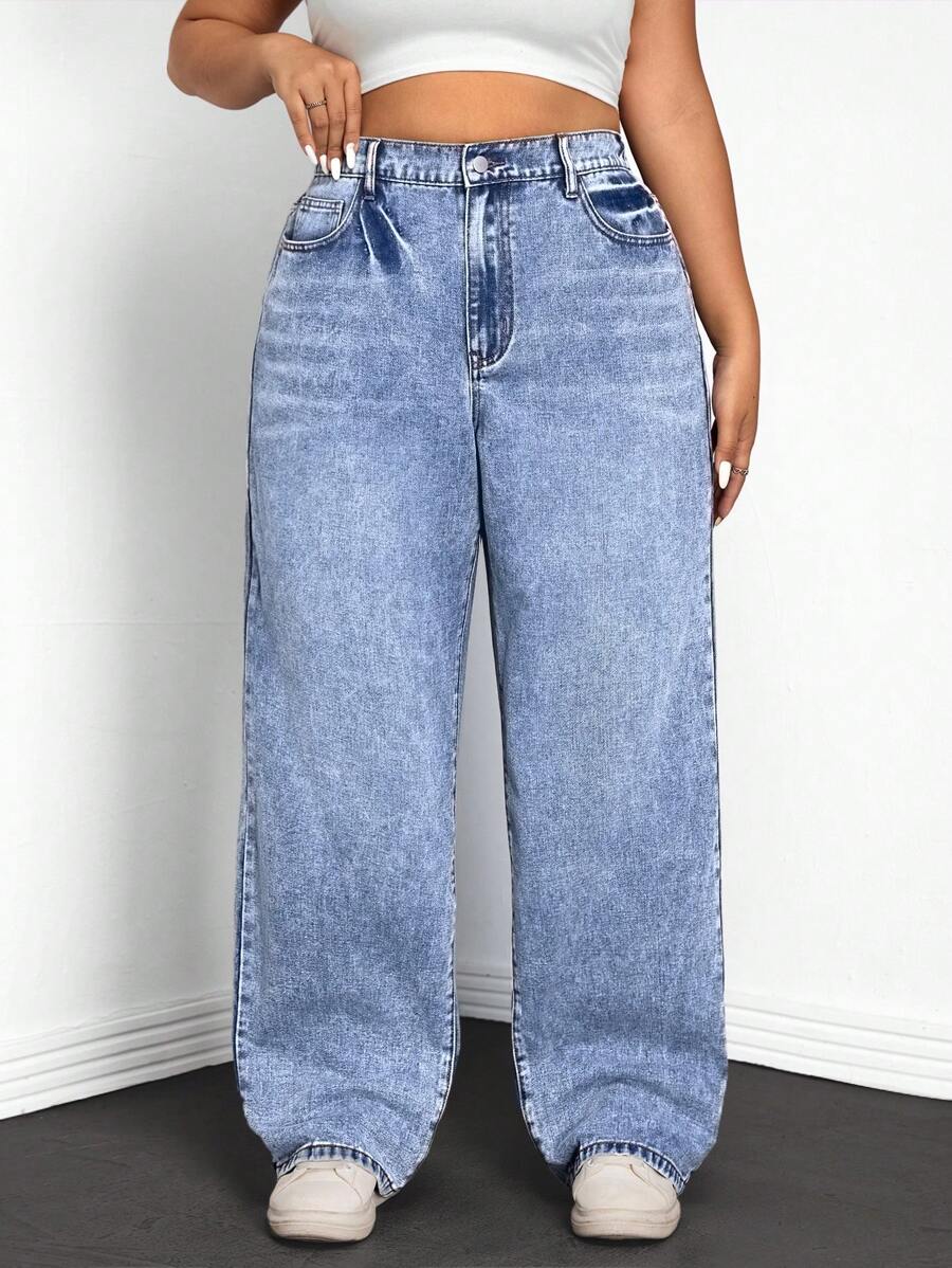 CovetEZ 大码休闲日常洗水斜口袋宽松直筒牛仔裤，春秋季 - 中等水洗藍 - 查看 1