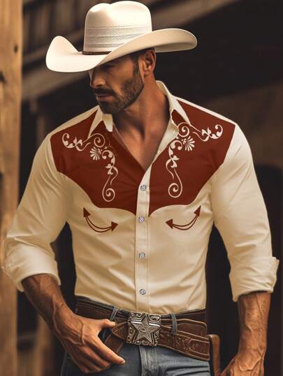 Manfinity Nomadique Men's Western Style Casual Graphic Colorblock Cowboy Vintage Patchwork Shirt, For Hiking, Husband, For Fall