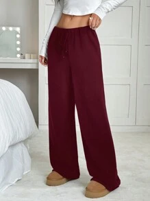 SHEIN EZwear 女士纯色前系带休闲毛绒衬里长裤 - 酒紅色 - 查看 6