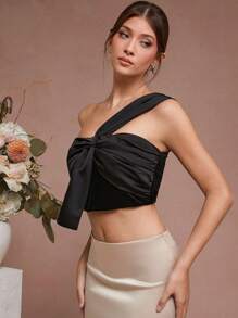 L'Amorae Elegant One Shoulder Bow Satin Cropped Top - Black - View 5