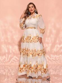 Plus Size Women's Spring Summer Ruched Collar Tie Up Waist Floral Print Elegant Dress - Multicolor - View 6