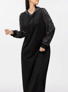 Mulvari Women Casual Leopard Patchwork Drawstring Hooded Sweatshirt Dress Suitable For Autumn Pullover Fall Outfit - Black - View 6