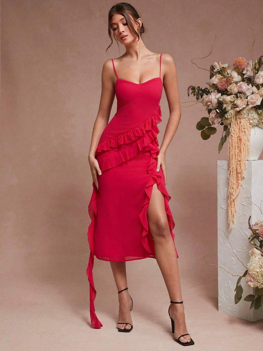 L'Amorae Women Solid Color Ruffle Trim Split Thigh Cami Dress