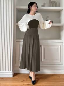 Dazy Star Chân váy dài xếp ly màu trơn thanh lịch dành cho nữ - màu nâu - Xem 5