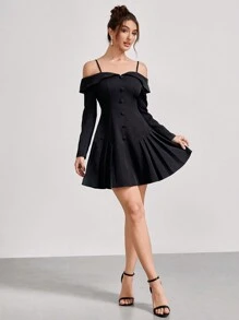 SHEIN Belle 秋冬女士宴会派对时尚优雅奢华吊带露肩收腰A字小淑女黑色连衣裙短款礼服礼服，女士秋冬正式晚礼服，派对宴会圣诞节可穿，长袖半正式舞会礼服，适合生日、婚礼嘉宾、毕业典礼、返校节 - 黑色 - 查看 6