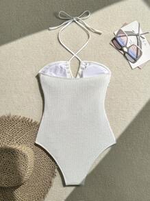 SHEIN Swim 1pc Women's Solid Color Textured Fabric Halter Backless Elegant Vacation One Piece Swimsuit Summer