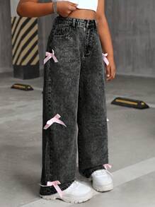 SHEIN Tween Girl Y2K Fashion Stone-Washed Baggy Denim Straight Leg Jeans With Bowknot Decorated Pockets, Fall Clothes Back To School - Grey - View 5