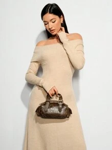 SHEIN BAE Túi xách da nâu cổ điển - màu nâu - Xem 4