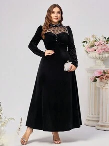 Coutiva Váy dự tiệc Giáng sinh dài tay ren nhung tương phản cỡ lớn thanh lịch, váy dự tiệc cưới - màu đen - Xem 1