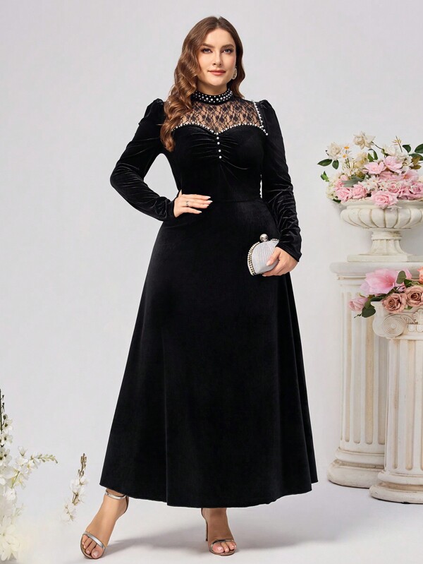 Coutiva Plus Size Elegant Velvet Contrast Lace Long Sleeve Ruffle Trim Christmas Party Dress, Wedding Guest Dress