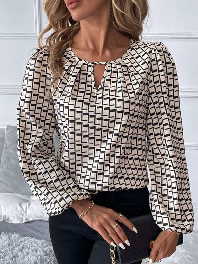 SHEIN Clasi Plus Size Long Sleeve Hollow-Out All-Over Print Casual Shirt Business Casual Woman