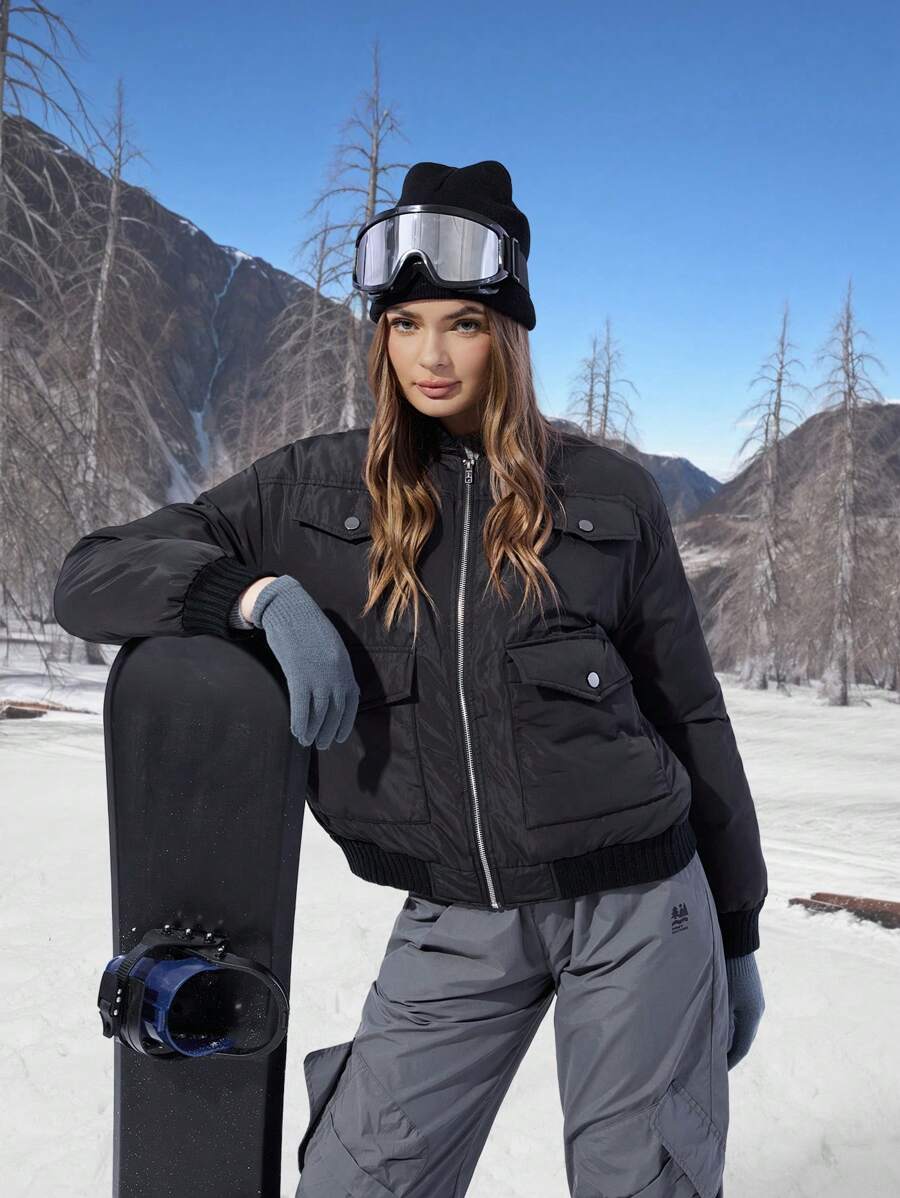 SHEIN EZwear Women's Solid Color Long Sleeve Utility Pockets Casual Baseball Padded Coat, Fall/Winter
