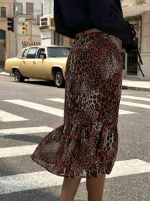 Chiquease 优雅棕色豹纹荷叶边下摆 A 字裙 - 棕色 - 查看 2