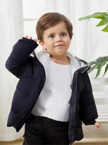 SHEIN Baby Boys Thick  Coat, Hooded, Color Block, Loose Fit, Mid-Length, Pockets, Zipper, Button, All-Match & Versatile, Warm For Home, Outings, And Playing In Snow, Fall/Winter - Black - View 8