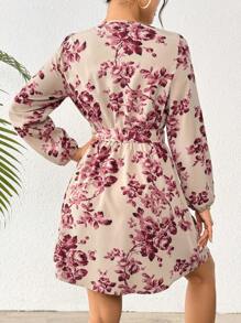 Breezaya Đầm mini thanh lịch cổ chữ V rộng rãi, tay dài, thắt eo, in họa tiết hoa hồng, thích hợp cho mùa xuân và mùa thu - Màu be - Xem 2