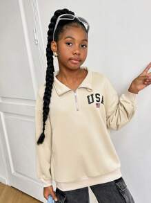 SHEIN Tween Girl 宽松休闲立领字母印花简约舒适长袖运动衫 - 杏色 - 查看 3