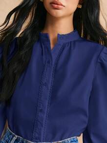 Poéselle 女士单排扣长袖纯色休闲上衣，简约设计，日常穿着 - 藍色 - 查看 4