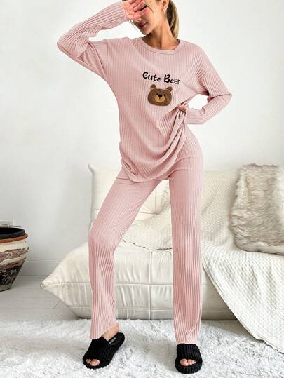SHEIN Cottnline 100%Cotton Women's Cartoon Bear Embroidery Stripe Homewear Set