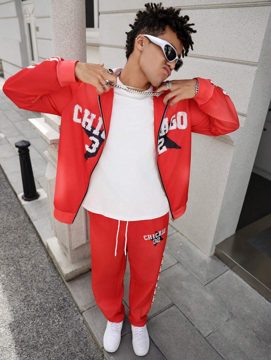 Manfinity EMRG 2pcs Men Casual Letter Print Zipper Hoodie And Sweatpants Set, Autumn - Red - View 1